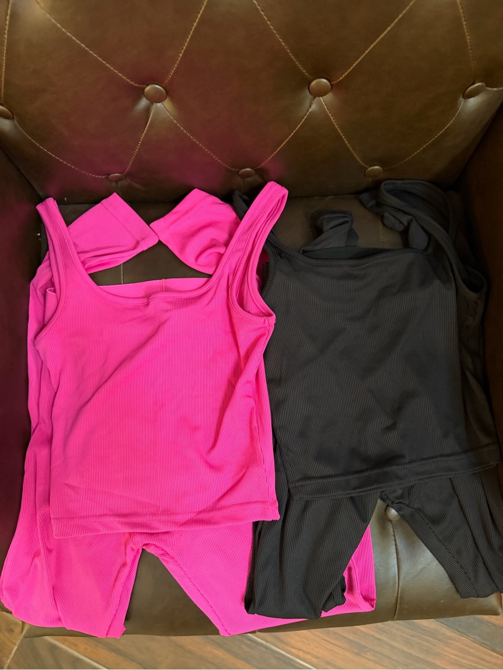 New Bundle of 2 Ribbed Tank Top Leggings Sets Hot Pink Black workout lounge Yoga